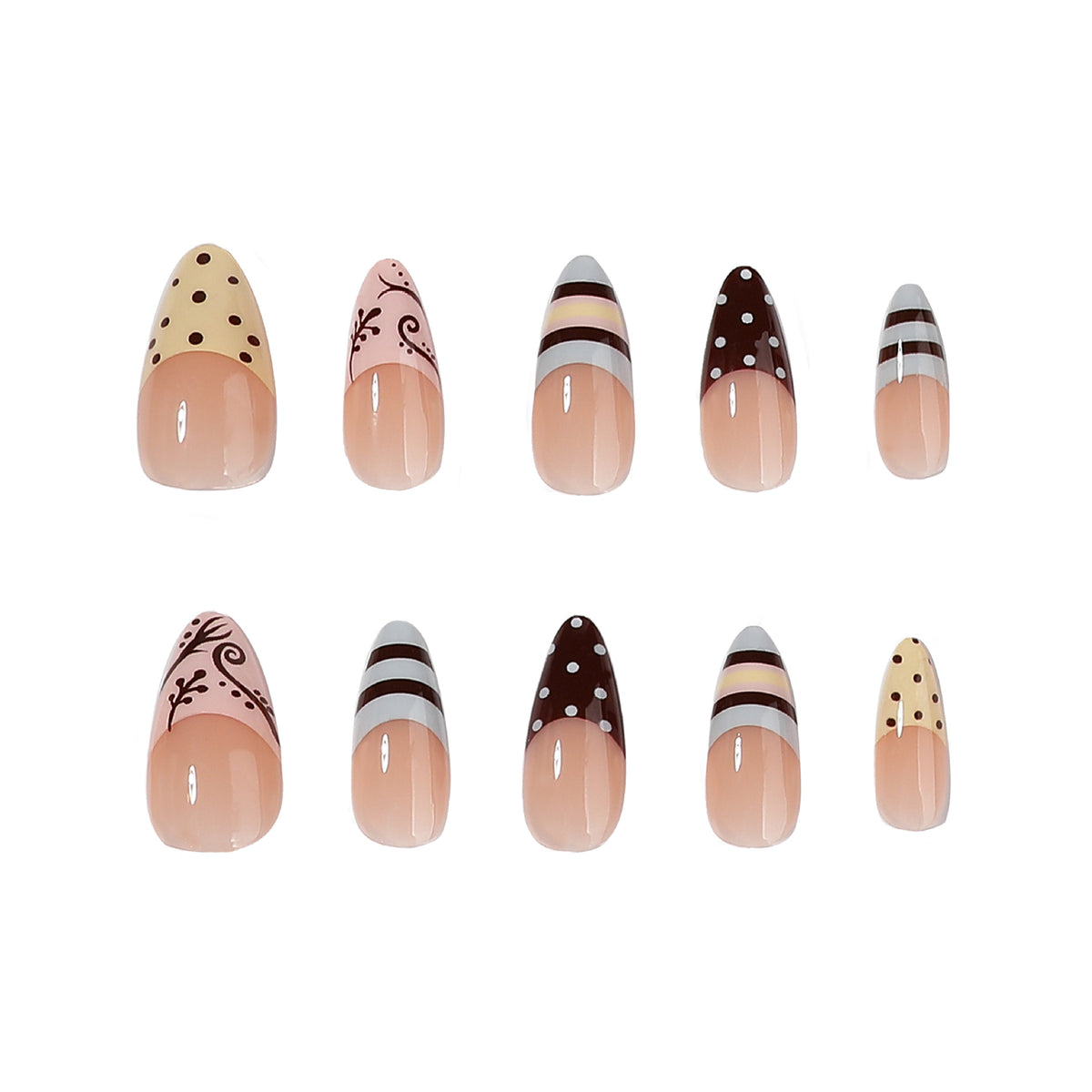 Choco Delight Long Almond Brown and Cream Patterned Nail Set