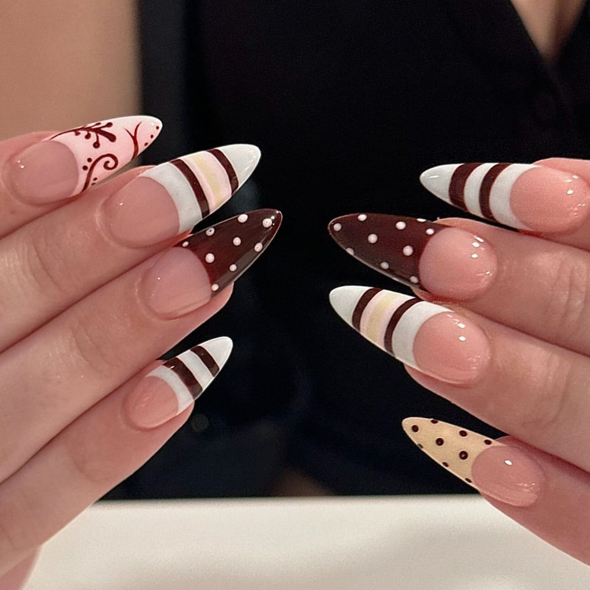 Chocolate Delight Medium Almond Beige and Brown Striped Press On Nail Set
