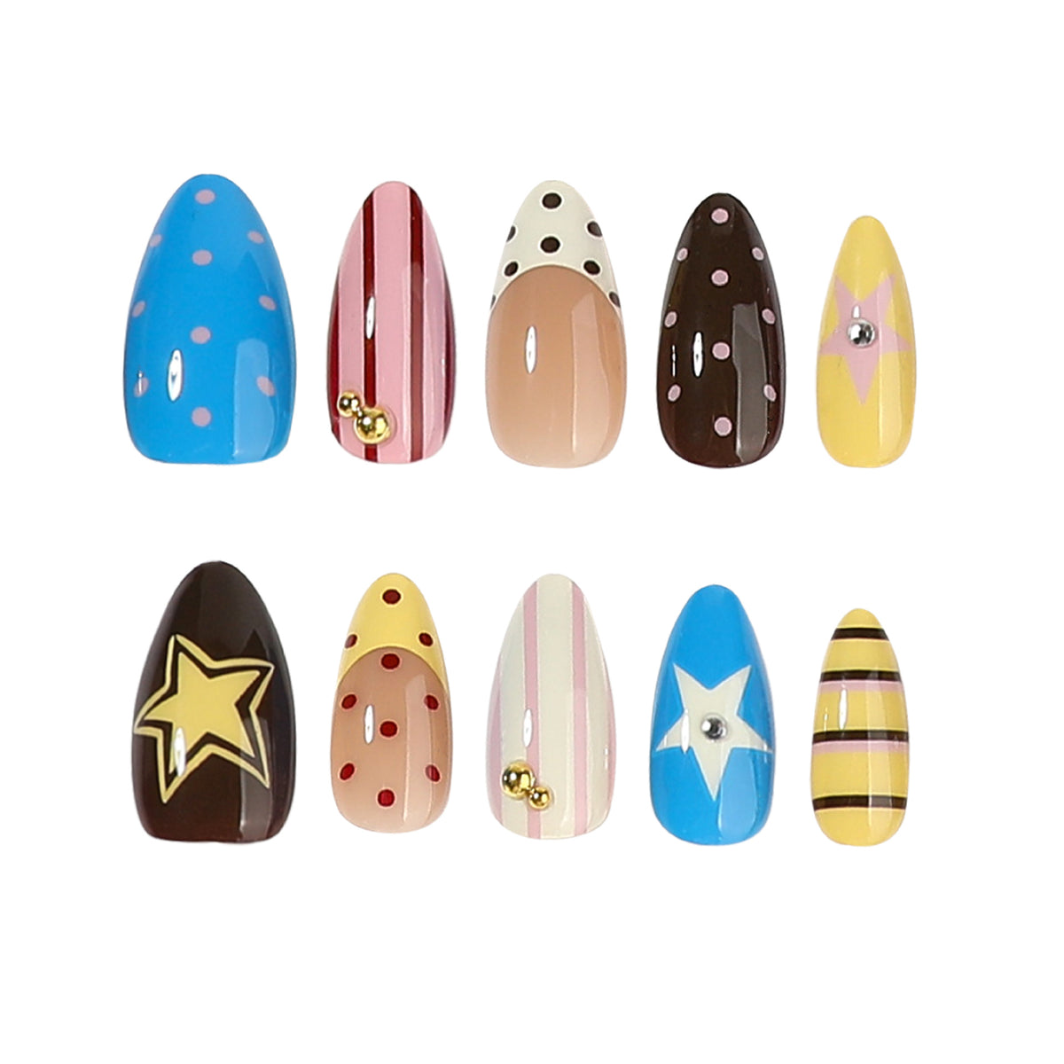 Whimsical Dreams Medium Almond Multicolor with Star and Dot Accents Press on Nail Set