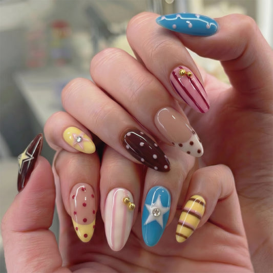 Sweet Treats Long Almond Colorful Confectionery Accent Press on Nail Set