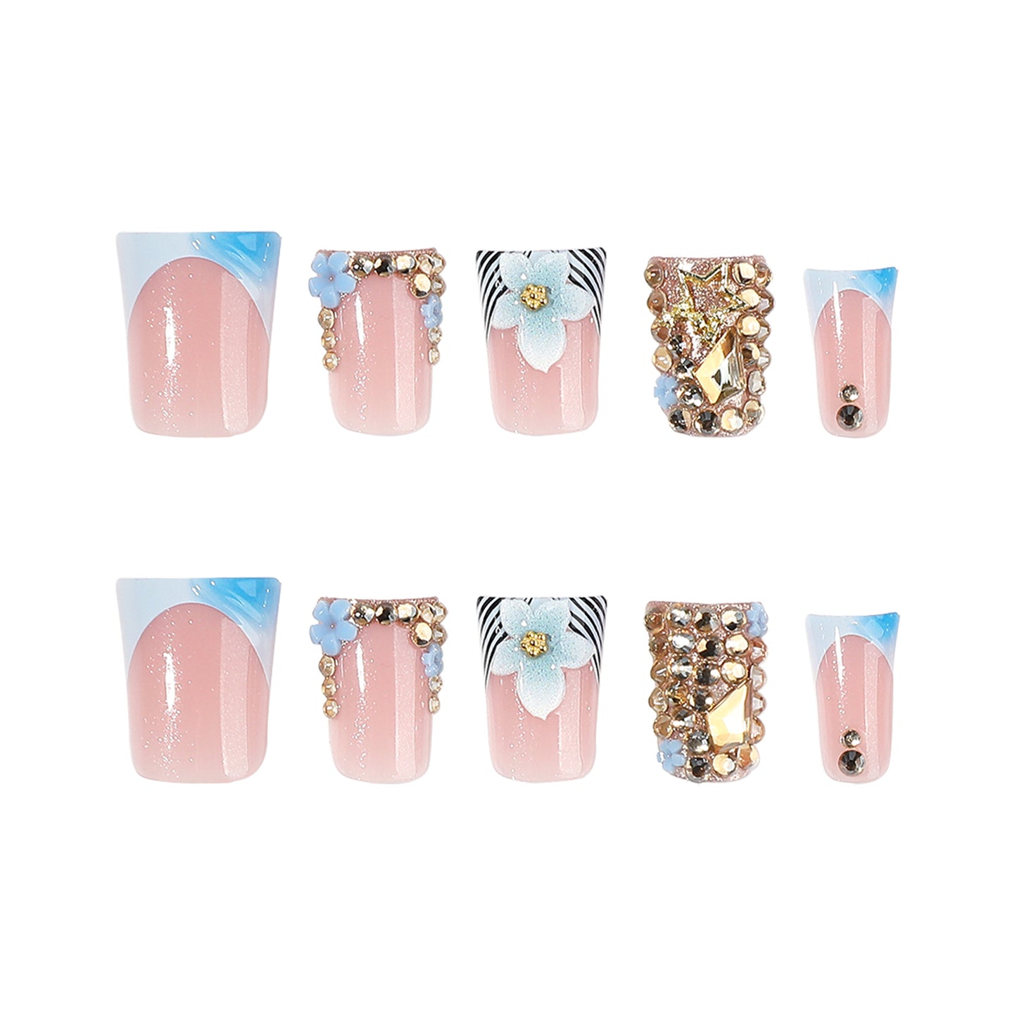 Ethereal Blossom Long Duck Pink with Floral and Gem Accents Press on Nail Set