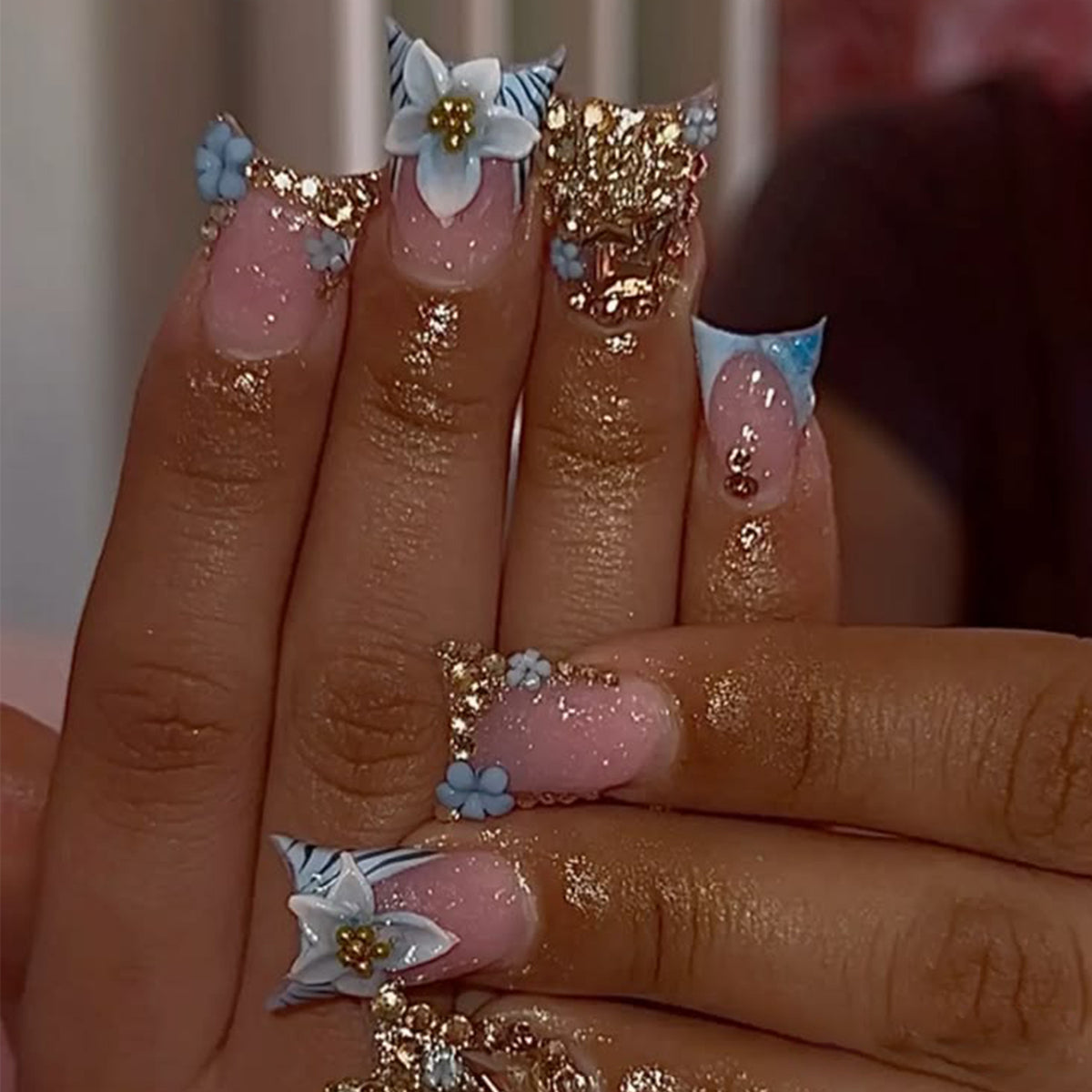Enchanted Floral Long Duck Blue and Gold Glitter Press On Nail Set