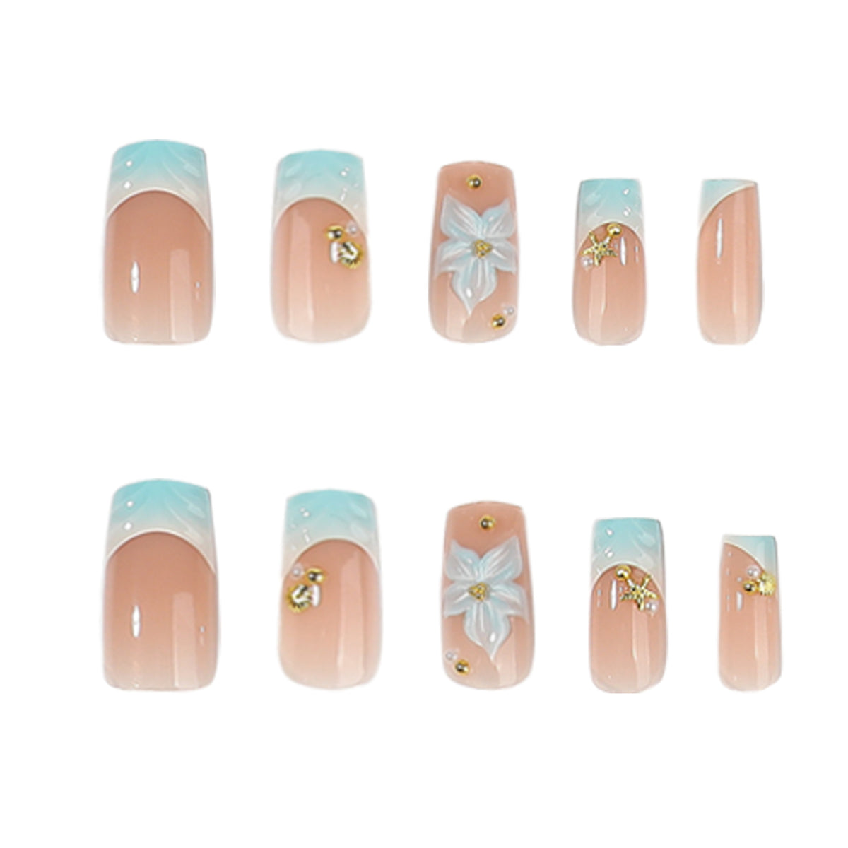 Serene Blossom Long Square Aqua Ombre with Floral Accents Nail Set