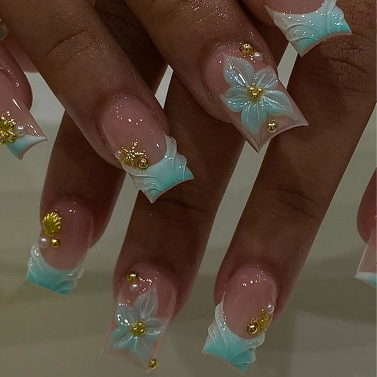 Tropical Vibes Long Square Light Blue with Pearl and Gold Accents Press on Nail Set