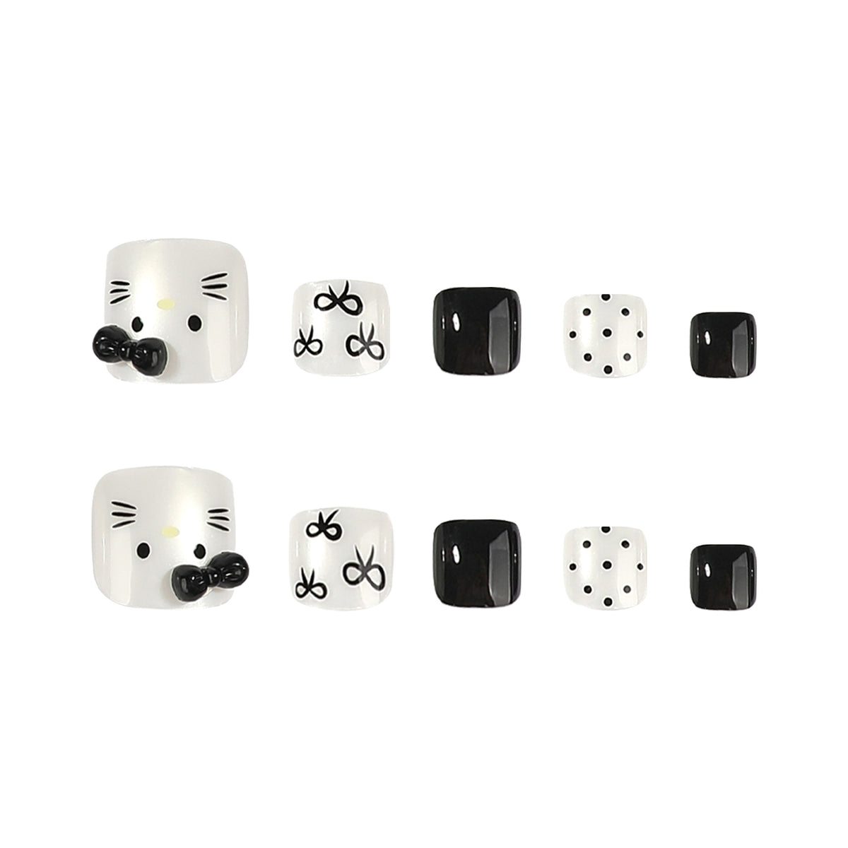 Whimsical Cat Theme Short Square Black and White Press on Toenail Set with Adorable Character Design
