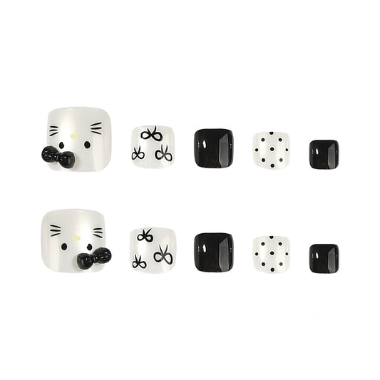 Whimsical Cat Theme Short Square Black and White Press on Toenail Set with Adorable Character Design