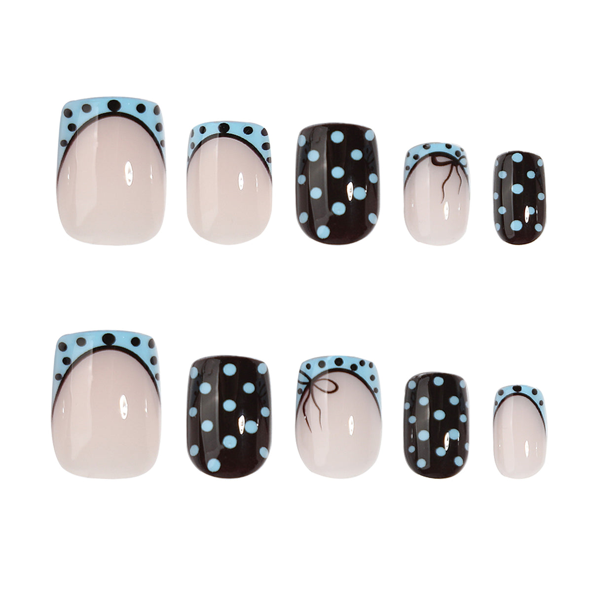 Charming Polka Dot Short Square Light Blue and Black Dual Design Press On Nail Set
