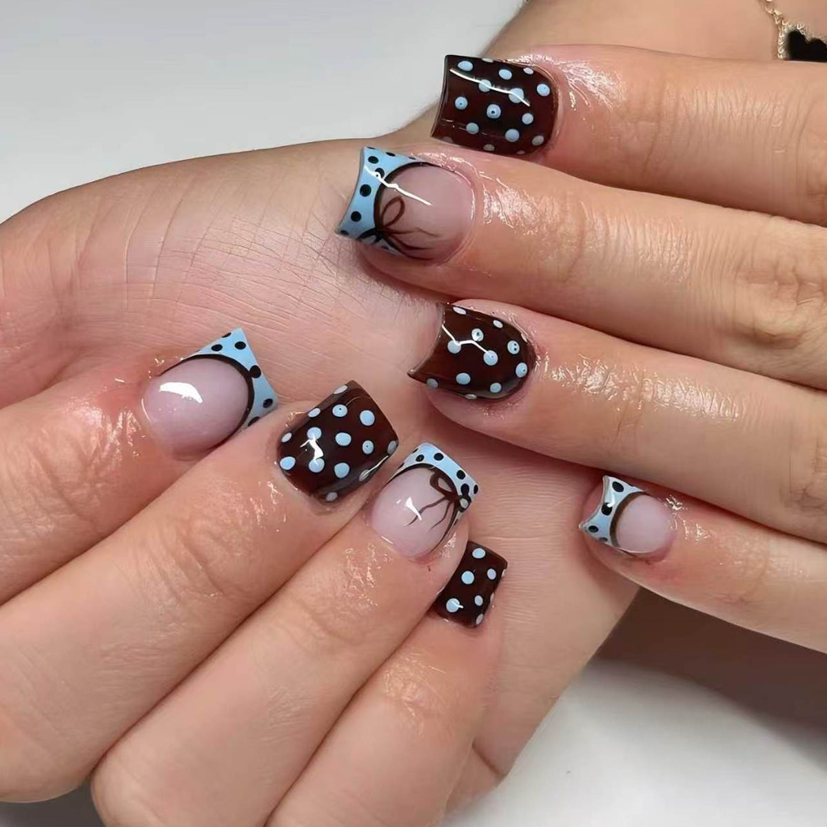 Chocolate Delight Short Square Blue Polka Dot Design Press On Nail Set