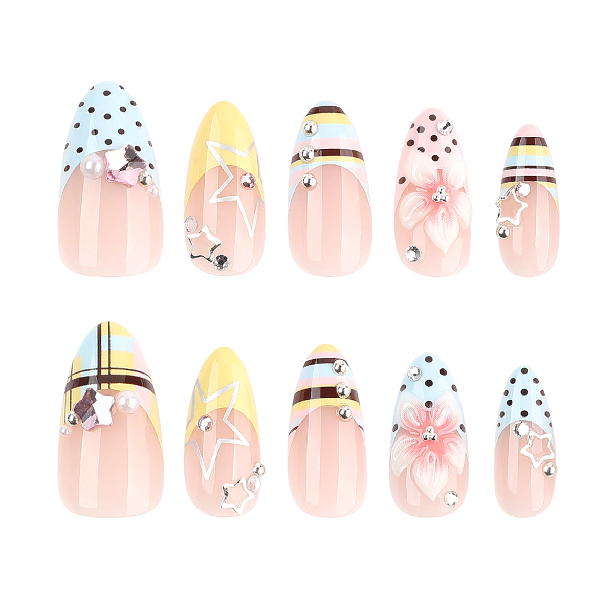 Charming Pastel Medium Almond Pink and Blue Floral Press On Nail Set with Unique Gem Accents