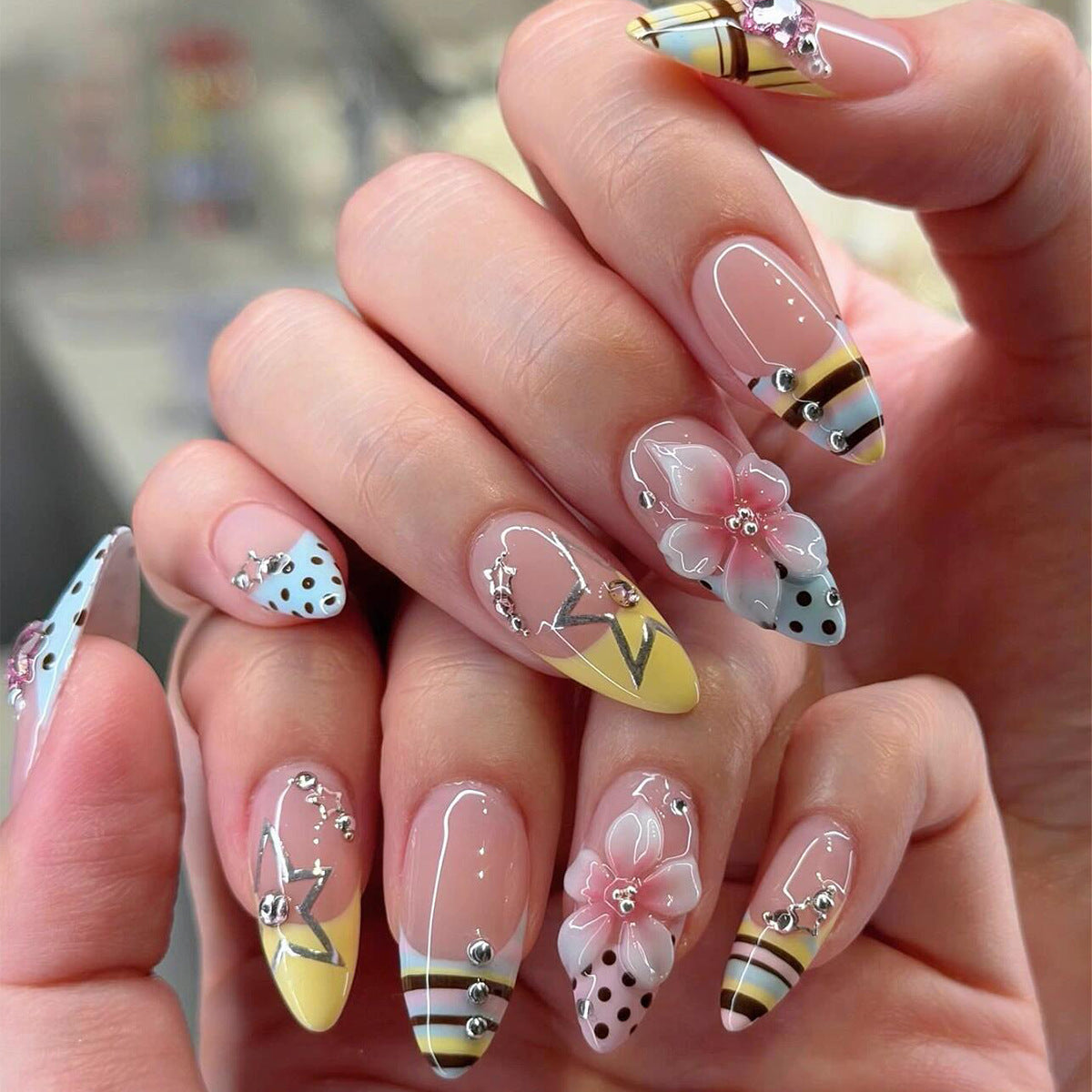 Whimsical Floral Medium Almond Crystal-Embellished Press-On Nail Set