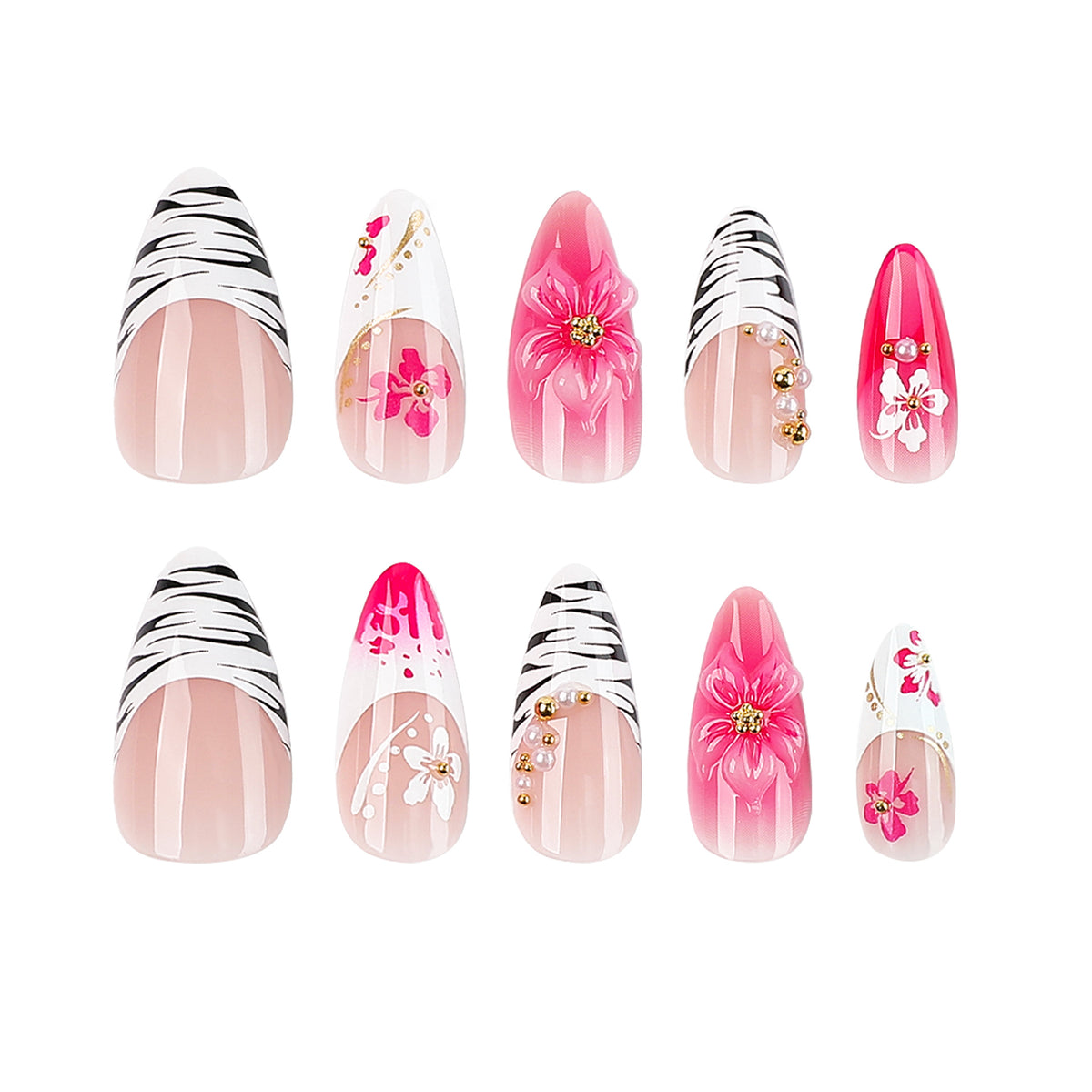 Tropical Paradise Medium Almond Pink Floral Press On Nail Set