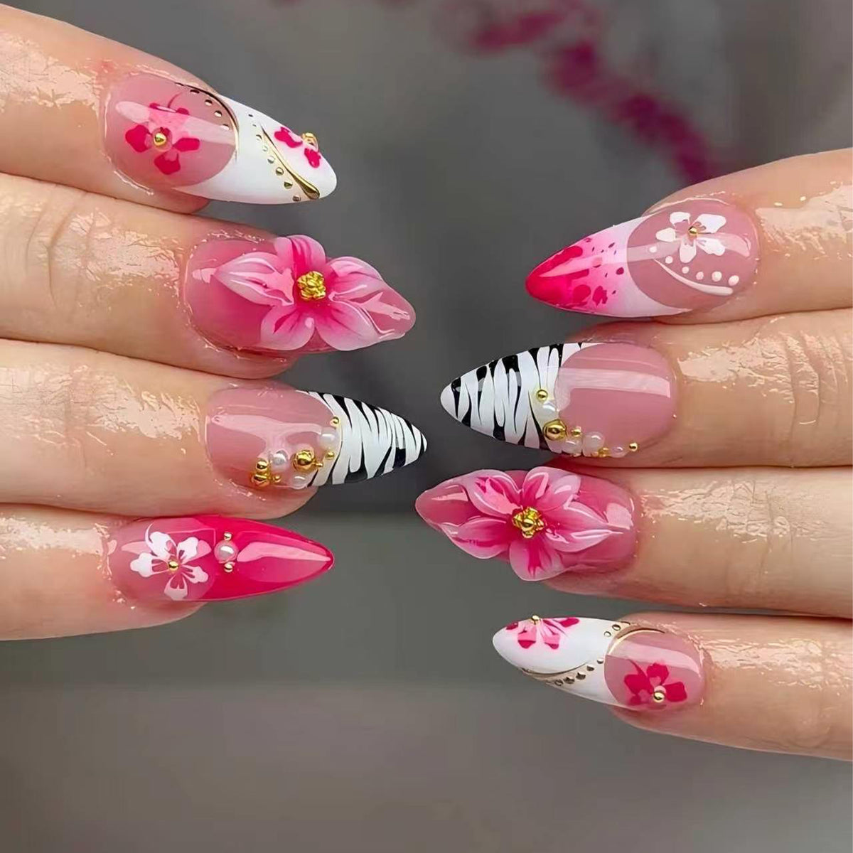 Tropical Vibes Medium Almond Pink Flower Press On Nail Set