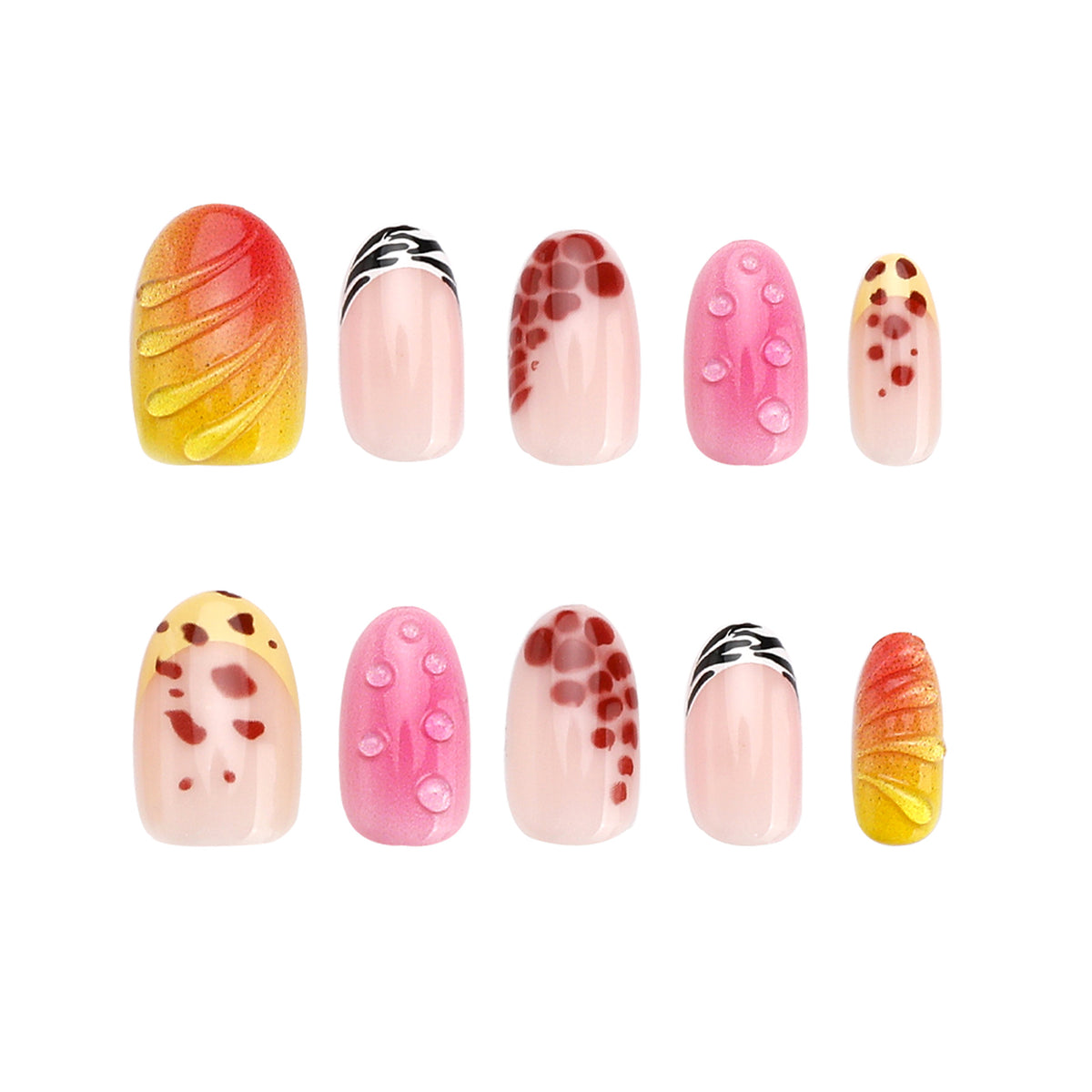 Vibrant Sunset Medium Oval Pink and Yellow Textured Nail Set