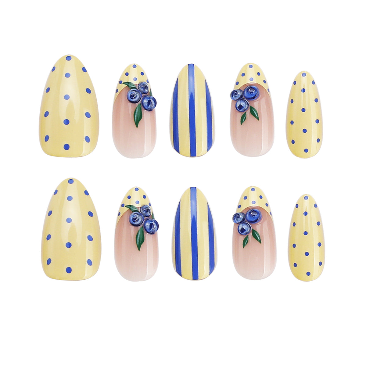 Sunny Delight Medium Almond Yellow with Blue Floral Accents Press On Nail Set