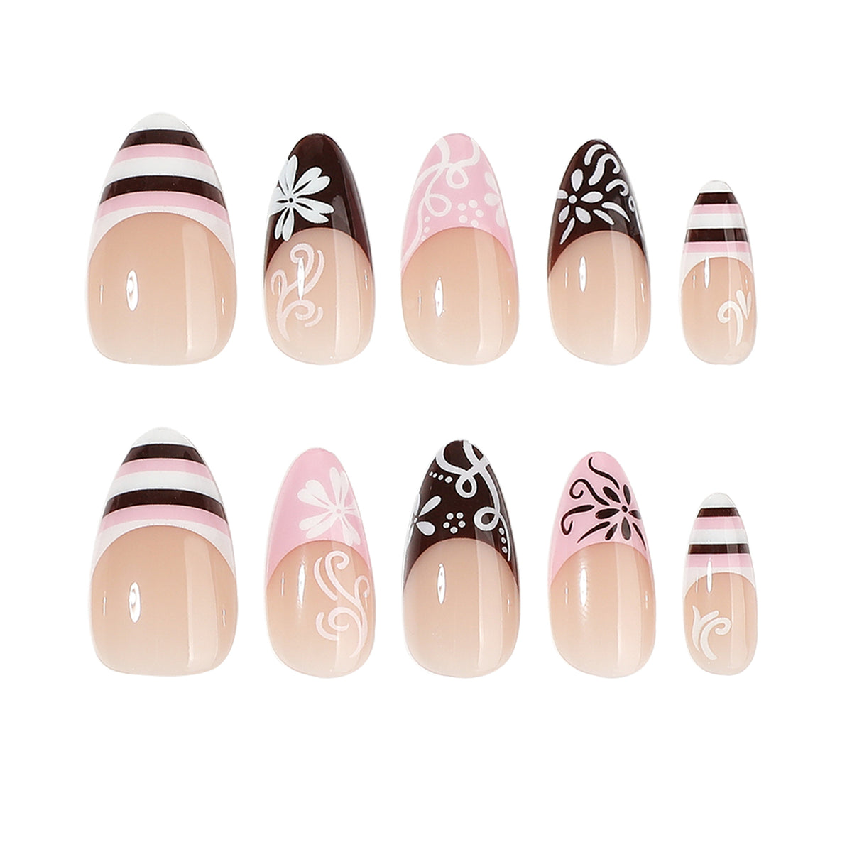 Chic Floral Inspired Medium Almond Pink and Brown Press on Nail Set with Artistic Designs