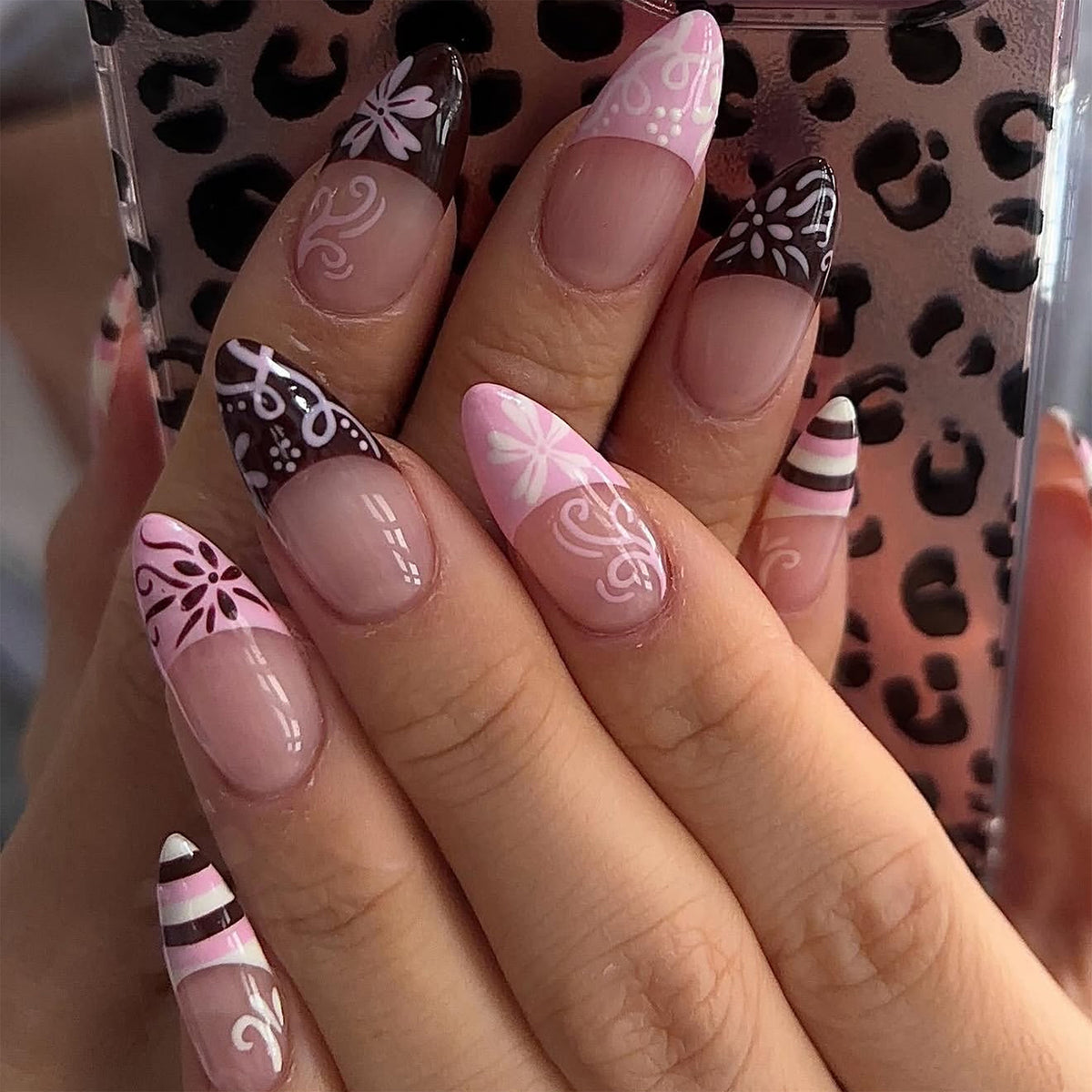 Chic Floral Design Medium Almond Pink and Brown Ombre Nail Press Set
