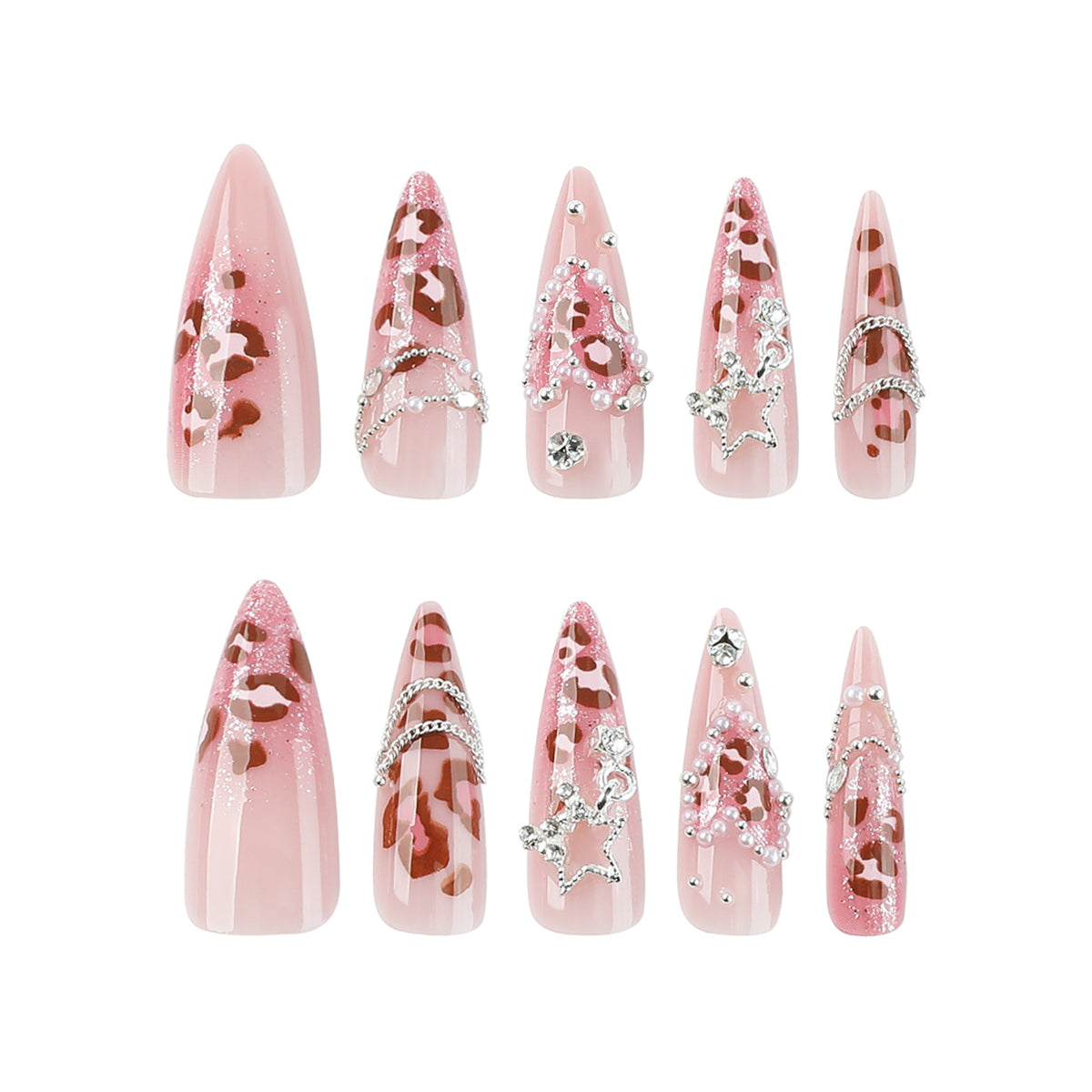 Fierce Leopard Print Medium Stiletto Pink Press On Nail Set with Glitter and Gems