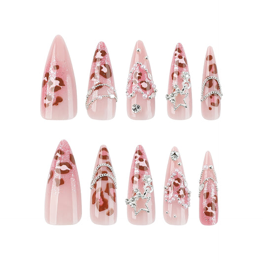 Fierce Leopard Print Medium Stiletto Pink Press On Nail Set with Glitter and Gems