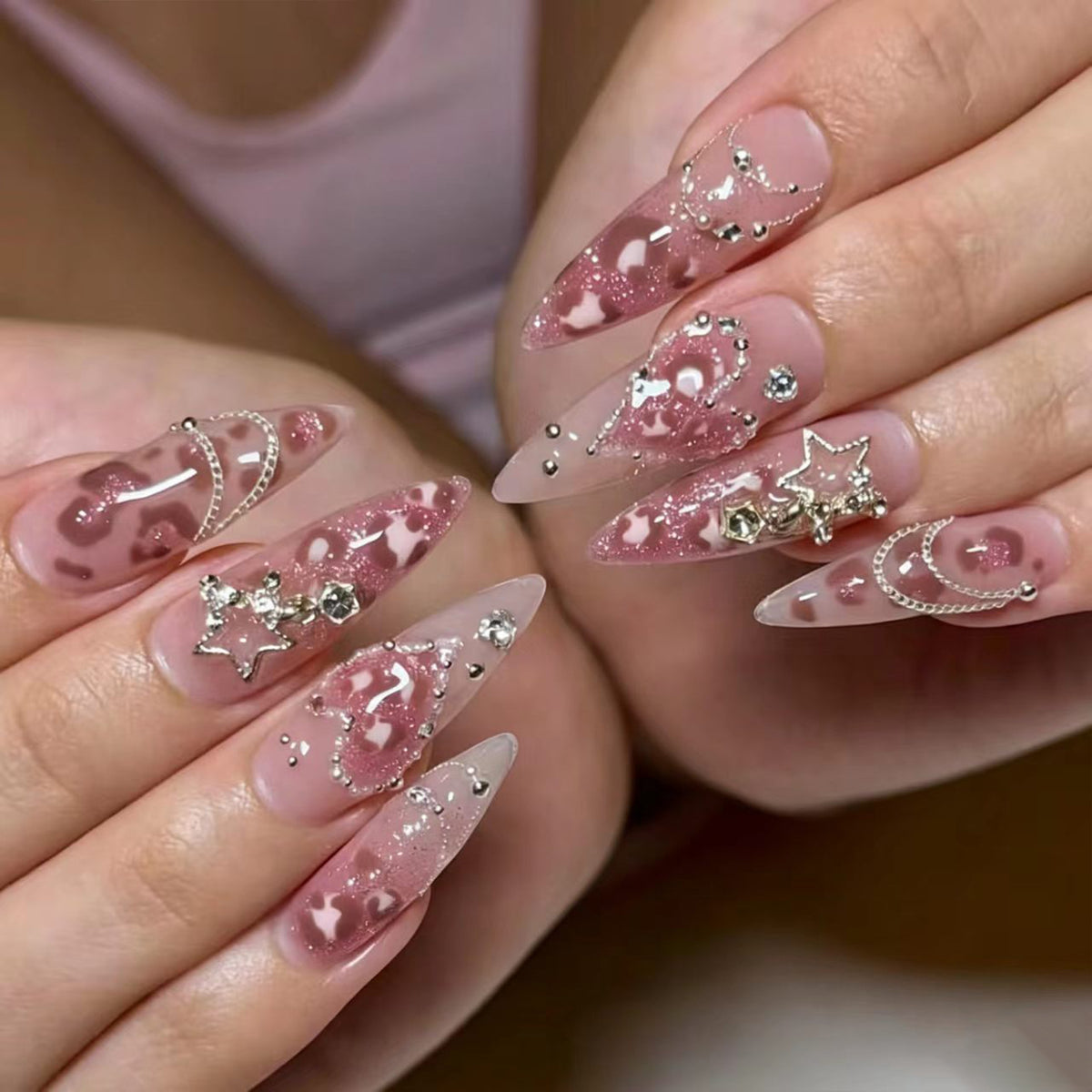 Celestial Dream Long Stiletto Pink Glitter Press On Nail Set with Shimmering Star Accents