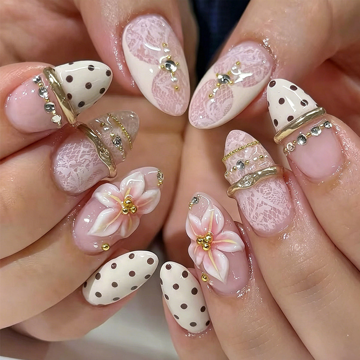 Elegant Blossom Design Medium Almond Pink with Floral Accents and Gold Detailing