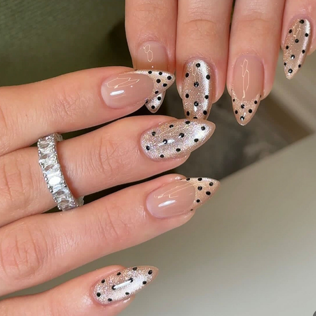 Chic Glamour Medium Almond Beige with Black Dots Press-On Nail Set