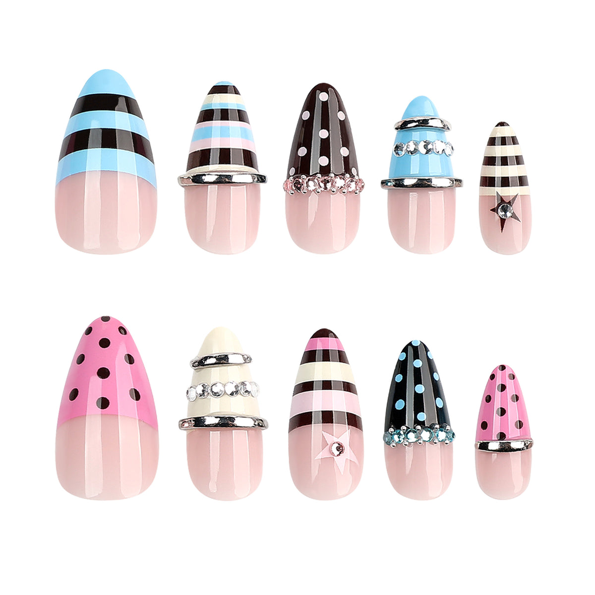 Chic Glamour Medium Almond Pink and Blue Nail Set with Rhinestone Accents