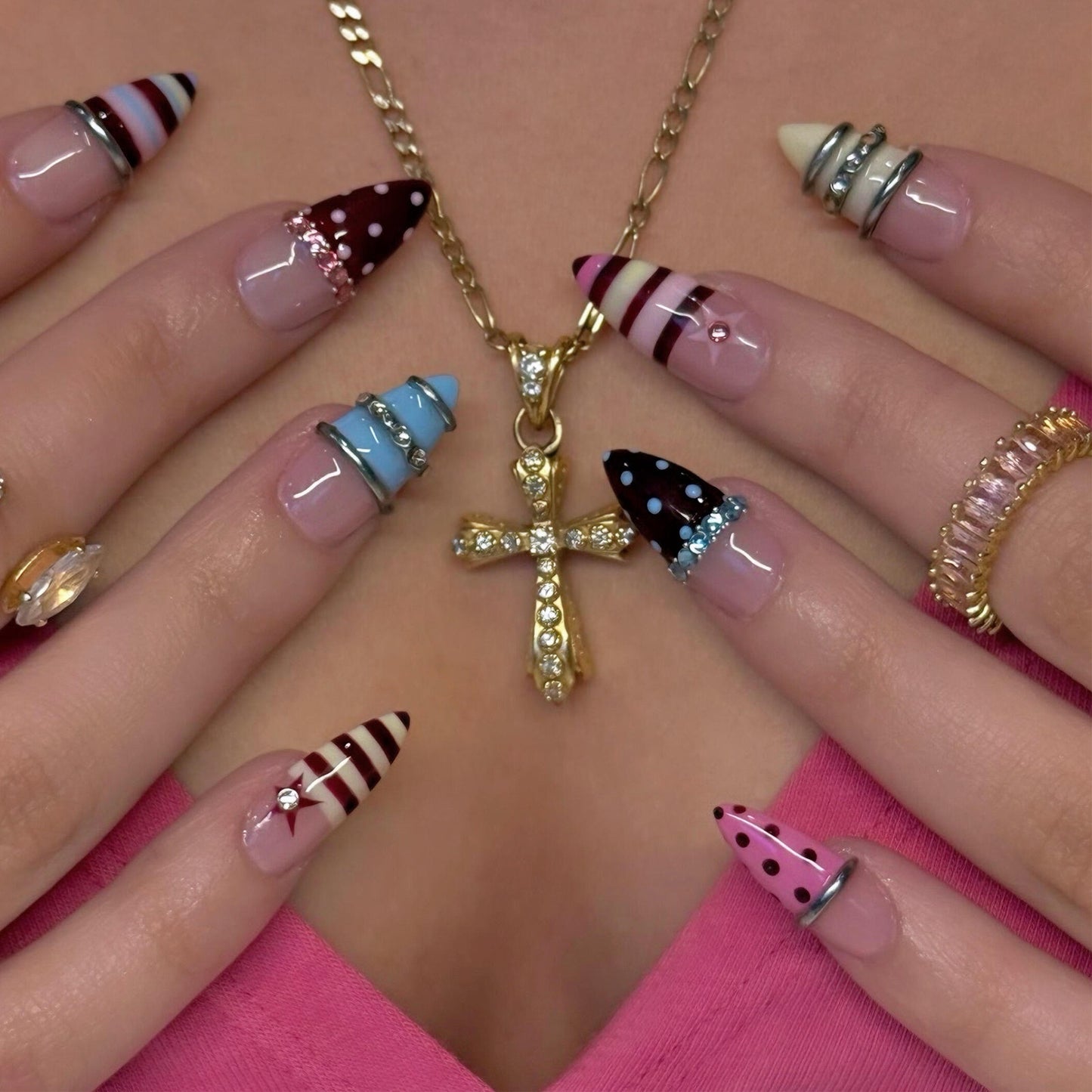 Glamorous Enchantment Medium Almond Multicolored with Metallic Accents Press On Nail Set