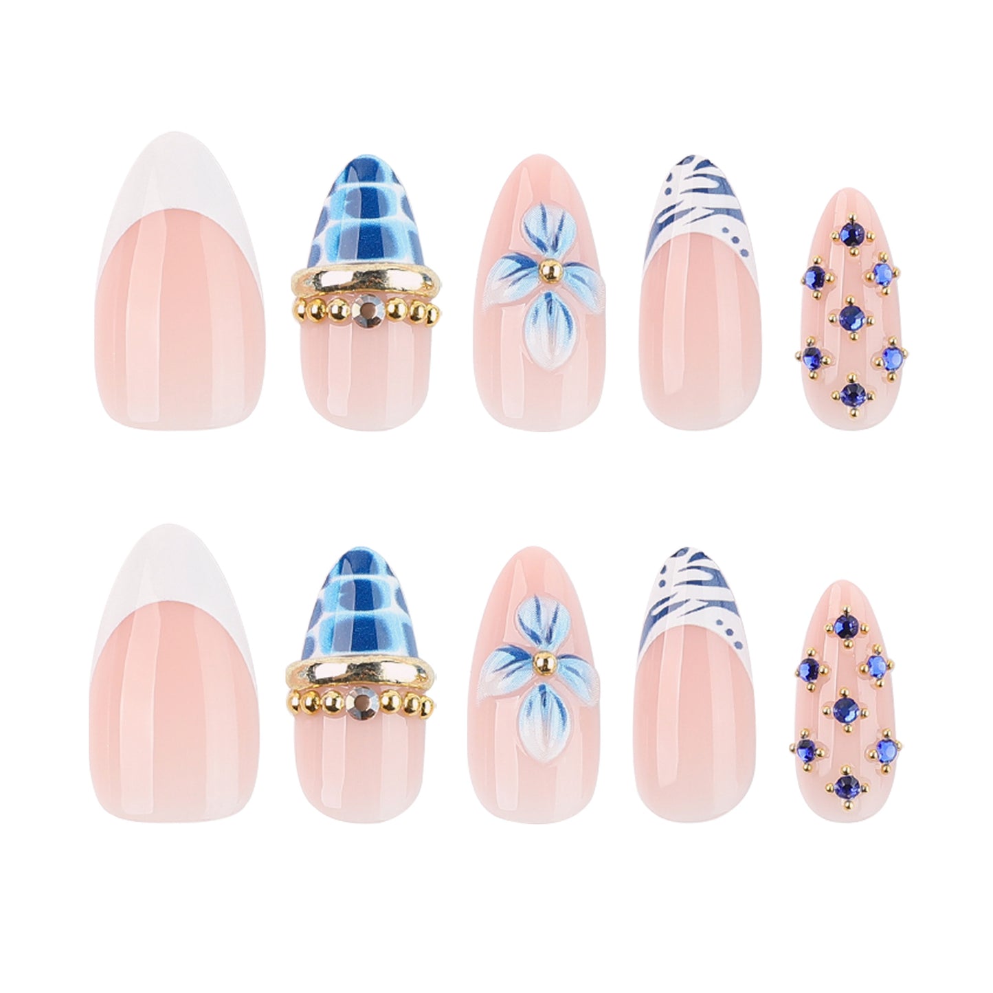 Elegant Spring Bliss Medium Almond Beige with Floral and Gemstone Accents Press on Nail Set