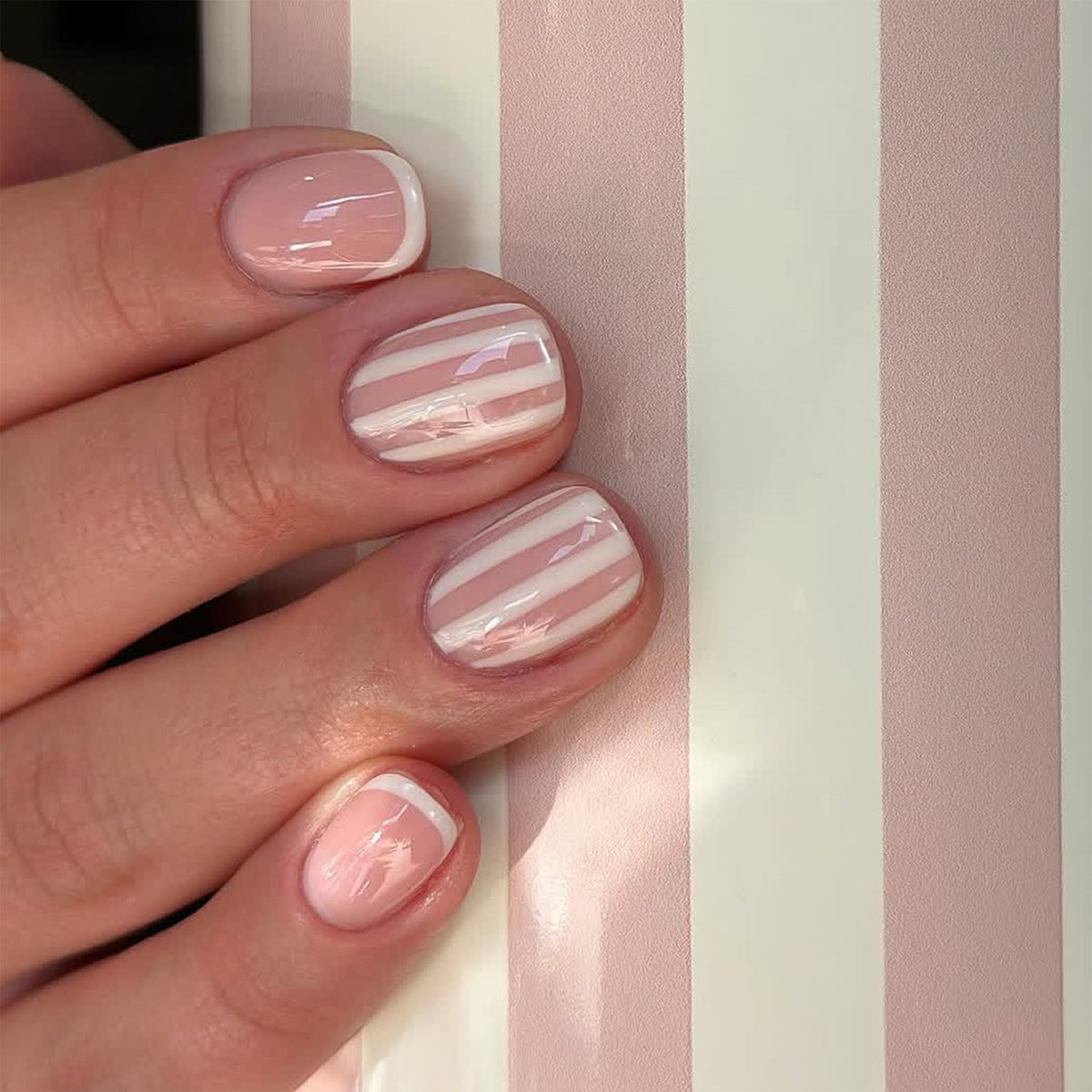 Chic Elegance Short Square Pink Striped Press-On Nail Set with Glossy Finish