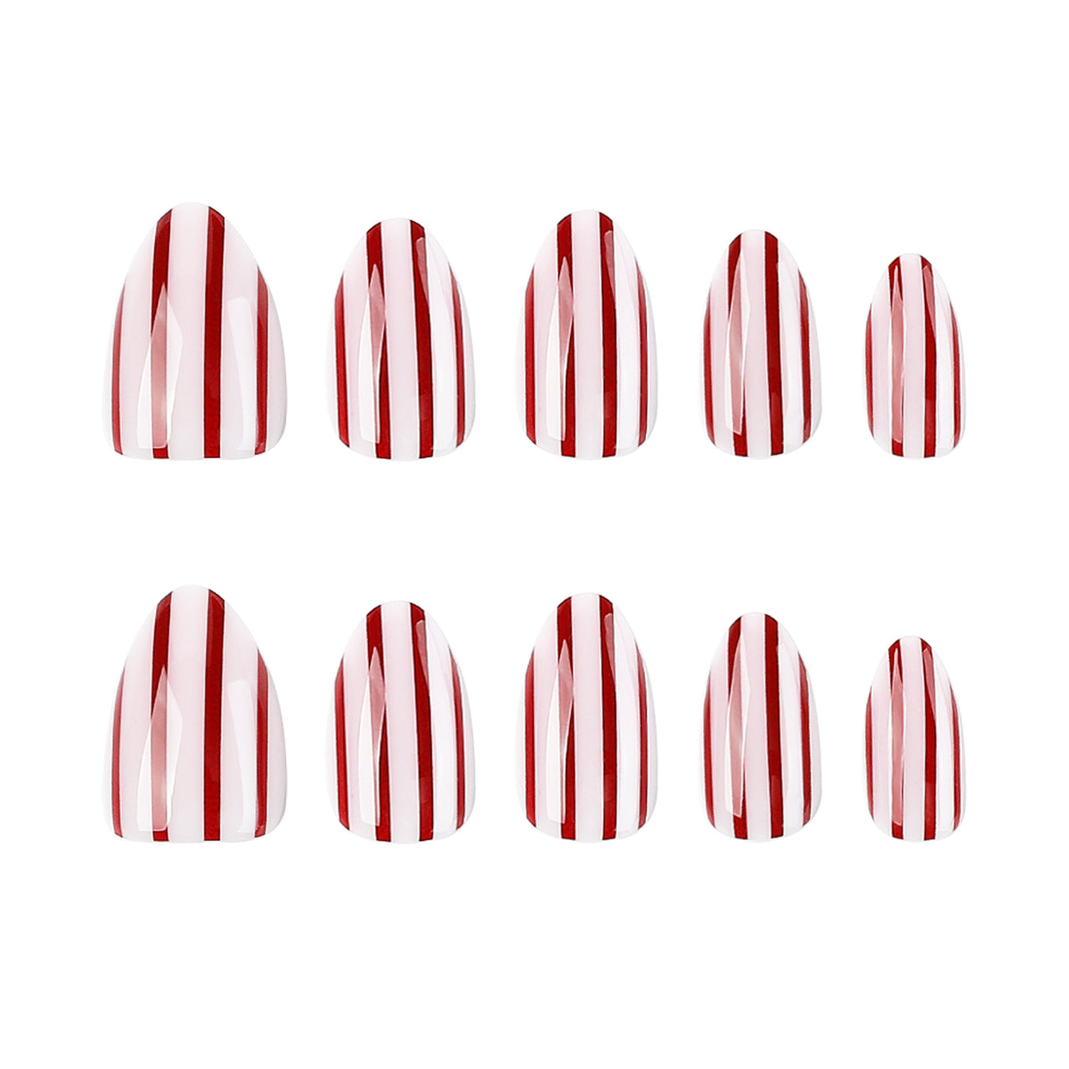 Candy Cane Inspired Medium Almond Red and White Striped Press On Nail Set