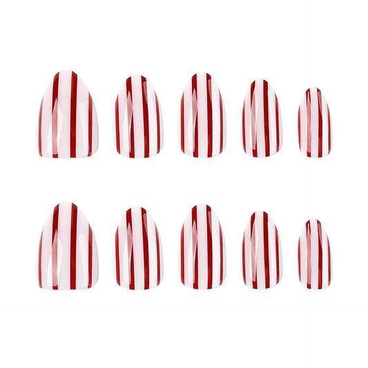 Candy Cane Inspired Medium Almond Red and White Striped Press On Nail Set