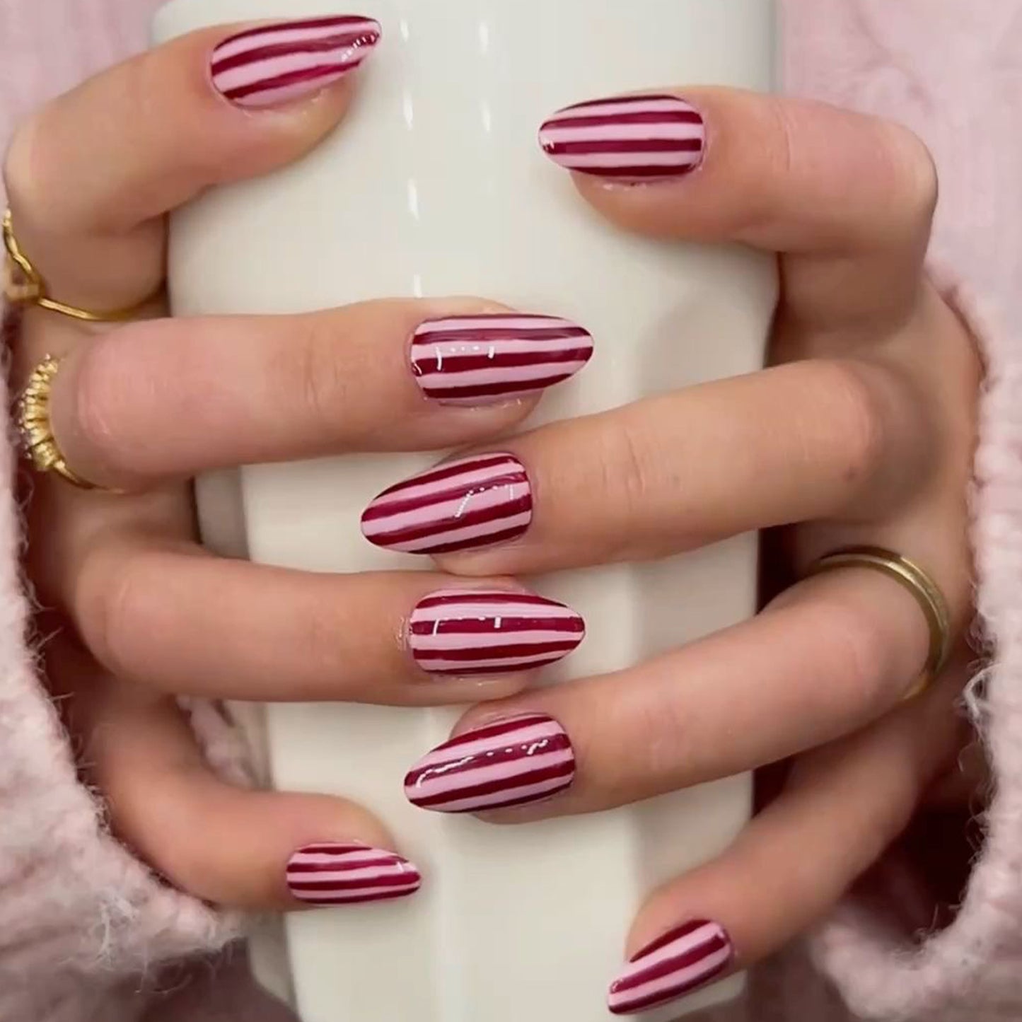 Festive Glamour Medium Almond Burgundy Striped Nail Set