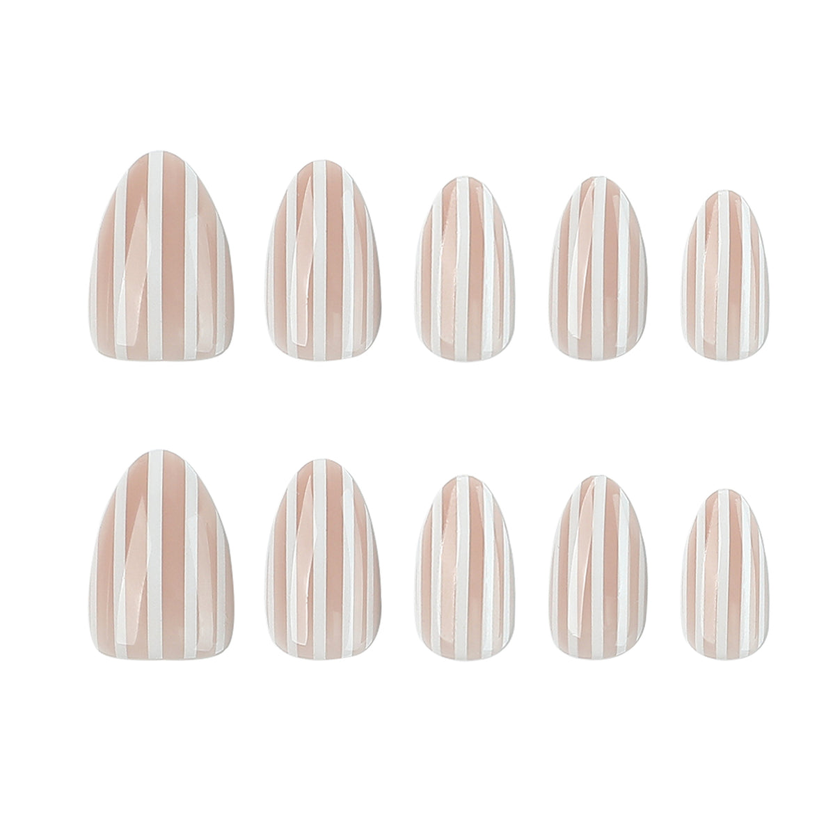 Stripes of Elegance Medium Almond Beige Press on Nail Set with Glossy Finish