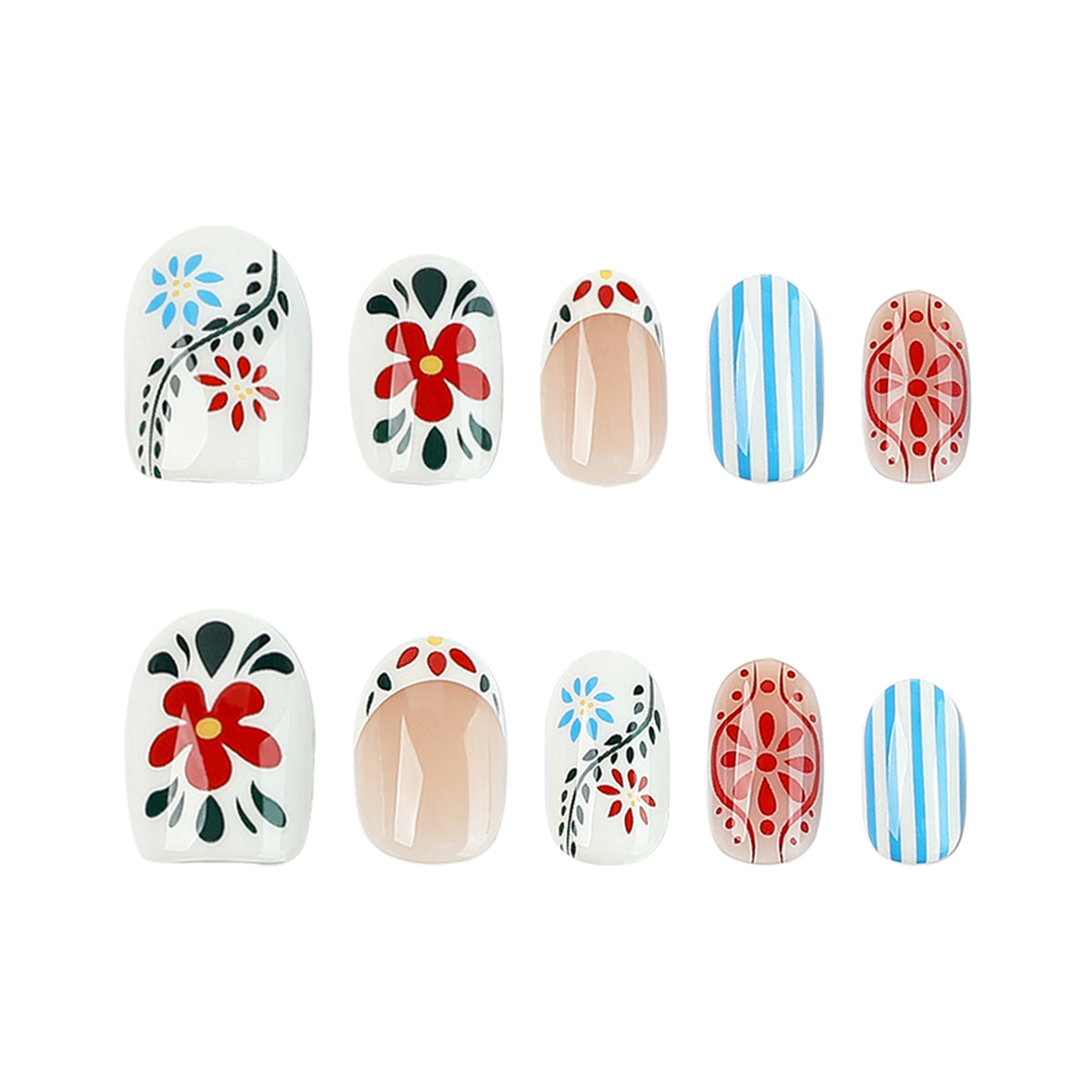 Whimsical Floral Short Round Colorful Design Press On Nail Set