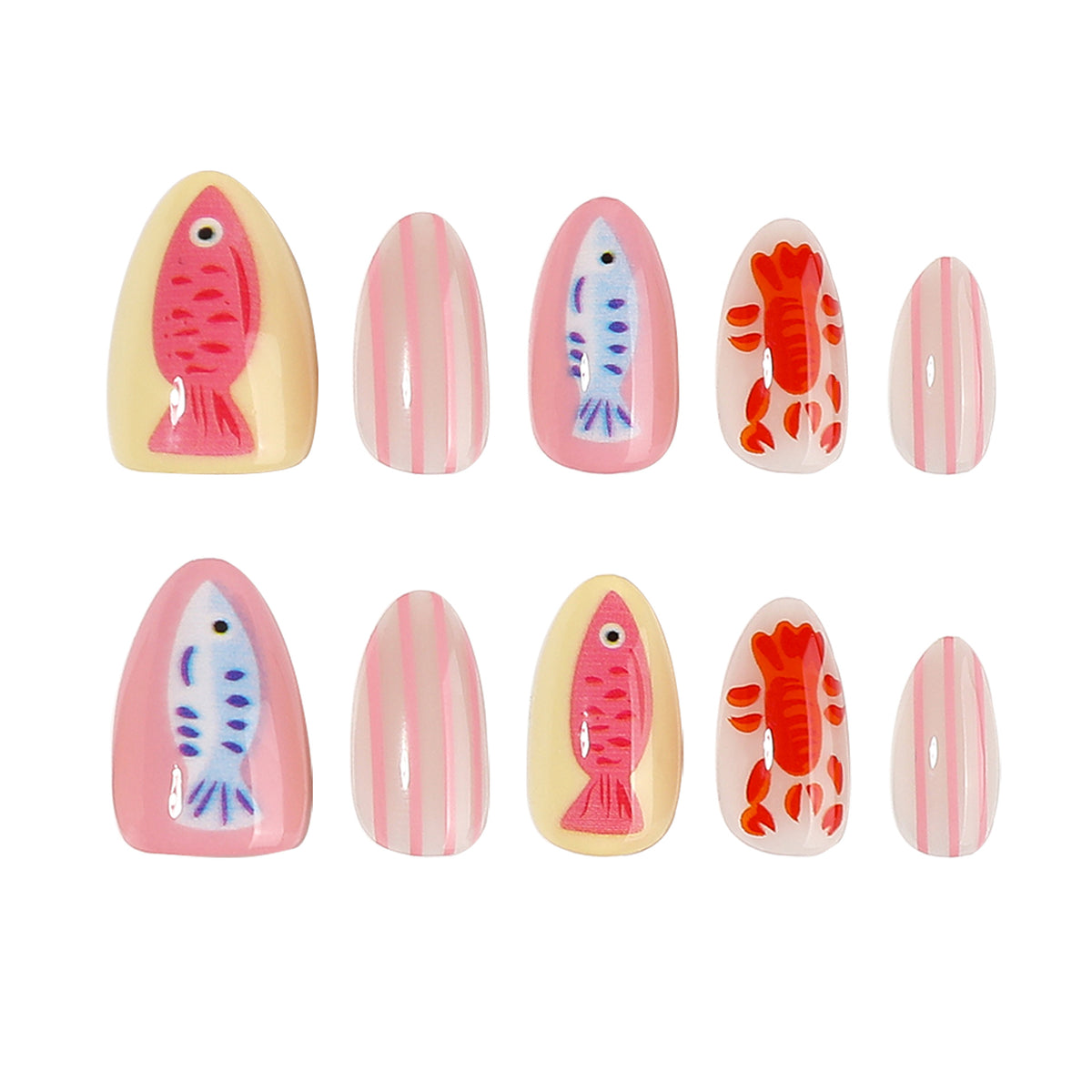 Whimsical Ocean Vibes Medium Almond Pink Fish and Lobster Design Press On Nail Set