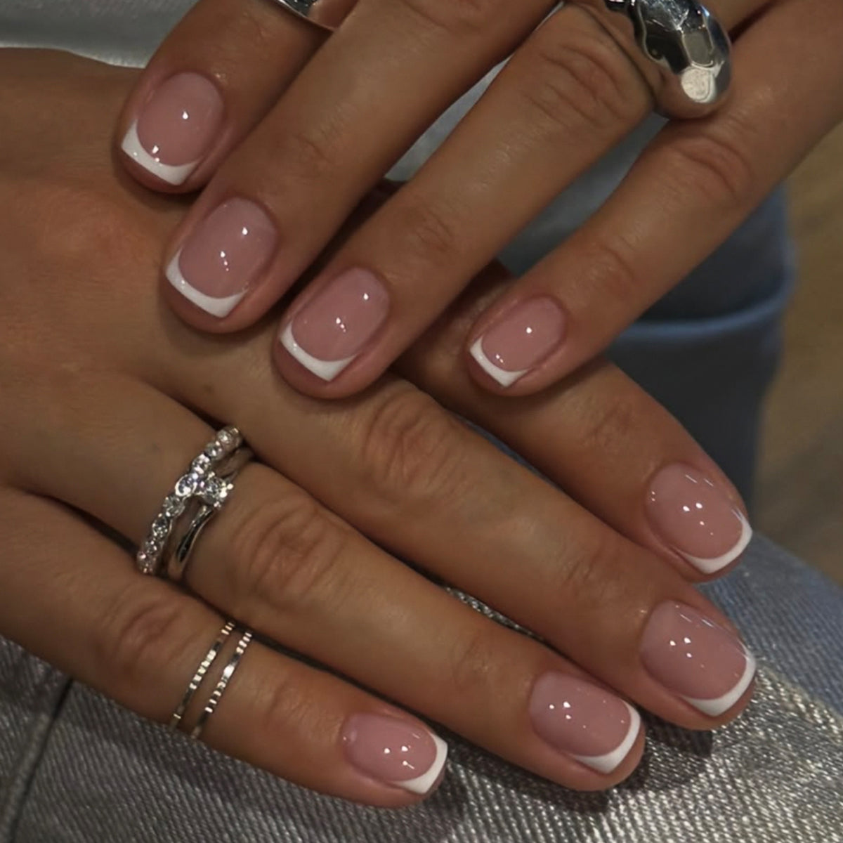 Elegant Serenity Short Square Pink with Chic French Tips Press On Nail Set
