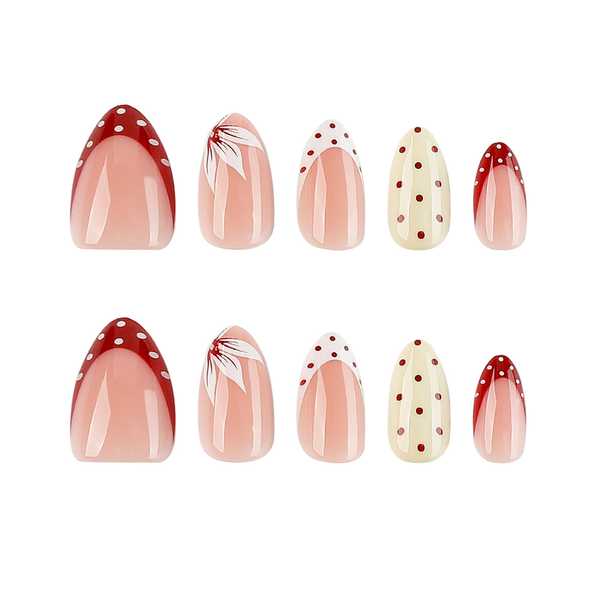 Whimsical Floral Medium Almond Pink and Cream Nail Set with Polka Dot Design