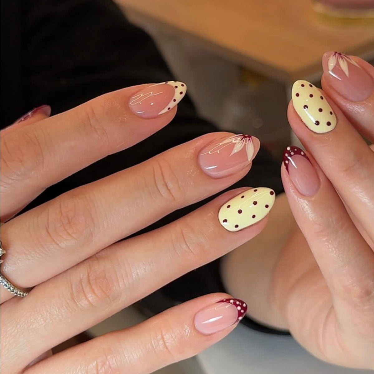 Whimsical Blossom Medium Almond Pink and Yellow with Dotted Design Press on Nail Set