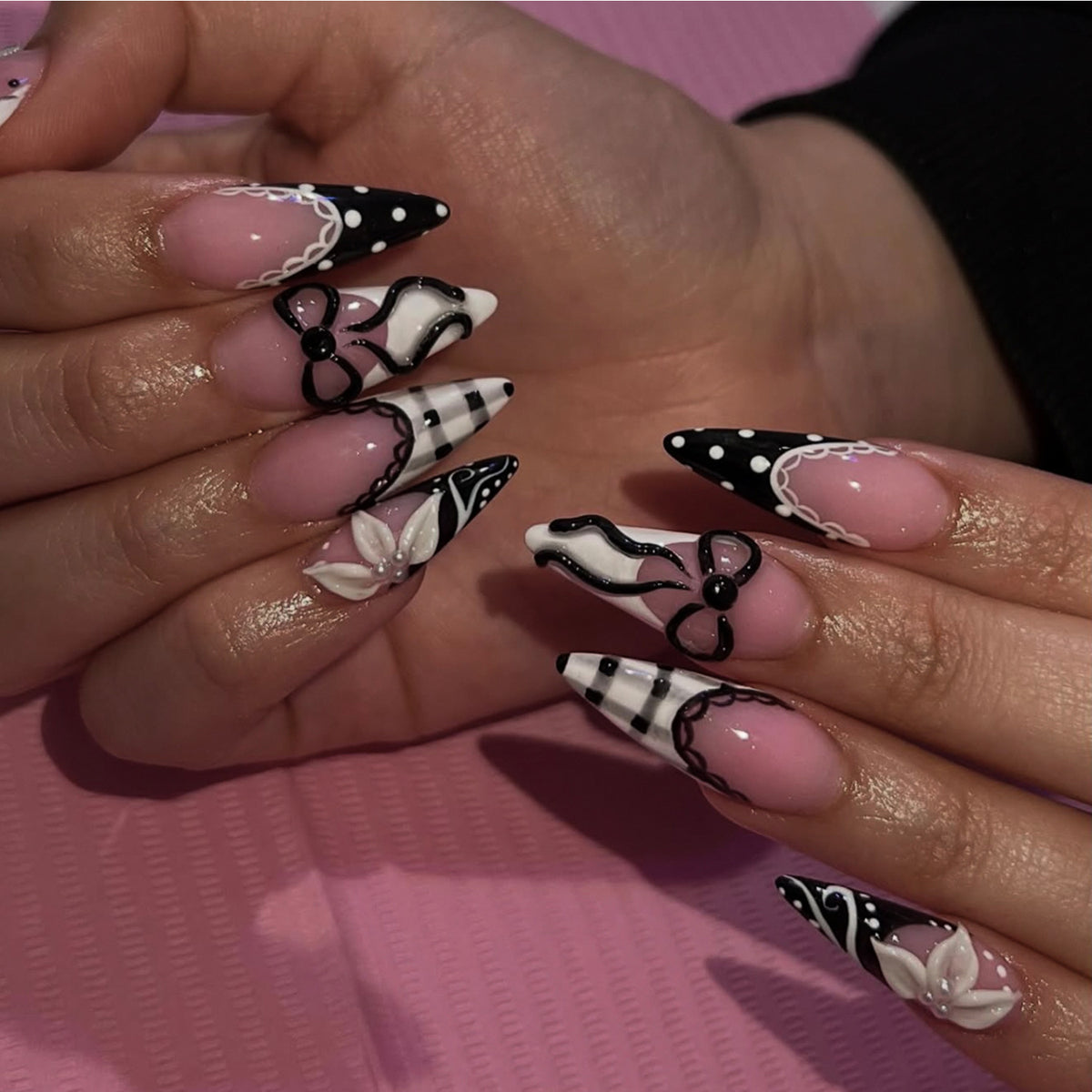 Chic Gothic Long Almond Black and White Floral Press On Nail Set