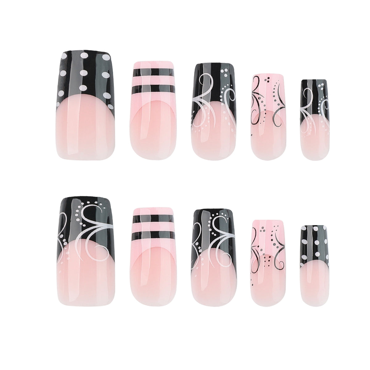 Chic Elegance Long Square Pink and Black Artistic Design Press on Nail Set
