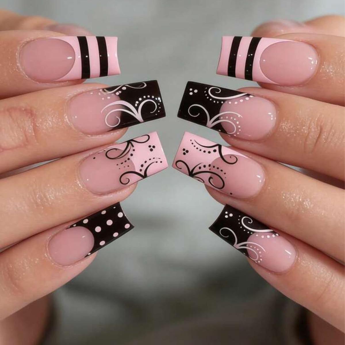 Chic Elegance Long Square Pink with Black Decorative Design Press On Nail Set