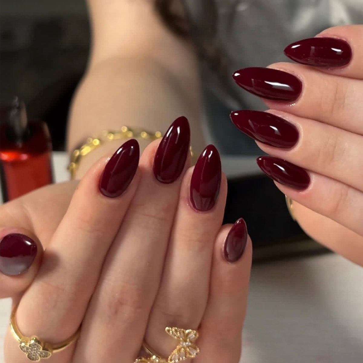 Glamorous Dark Burgundy Medium Almond Press On Nail Set with High Gloss Finish