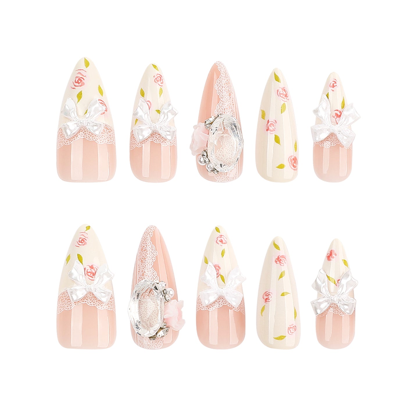 Charming Garden Medium Stiletto Pink with Floral Accents and Glittering Embellishments Press on Nail Set