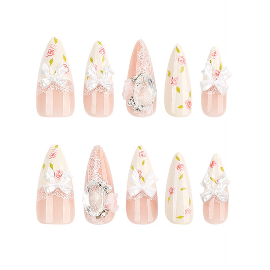 Charming Garden Medium Stiletto Pink with Floral Accents and Glittering Embellishments Press on Nail Set