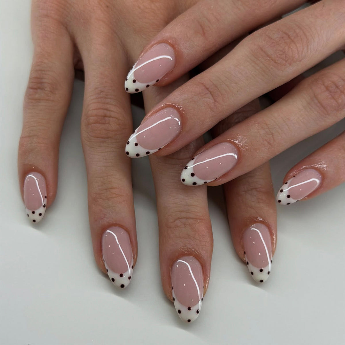 Chic Elegance Medium Almond Pink with Dotted French Tips Press-On Nail Set