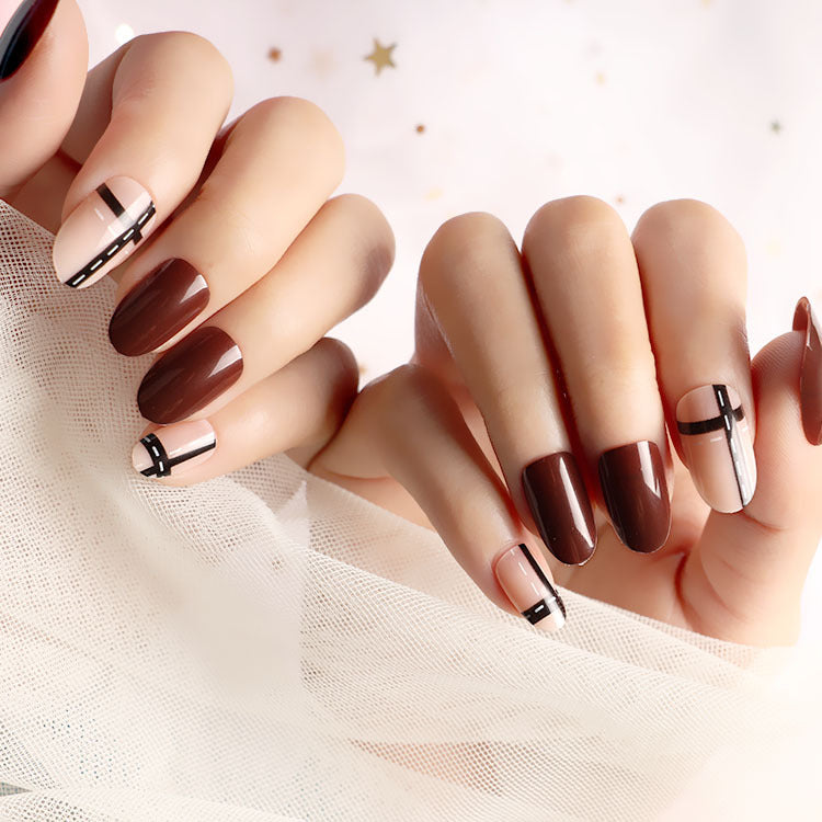 Elegant Aura Long Oval Press-On Nail Set in Rich Brown and Soft Beige with Chic Graphic Accents