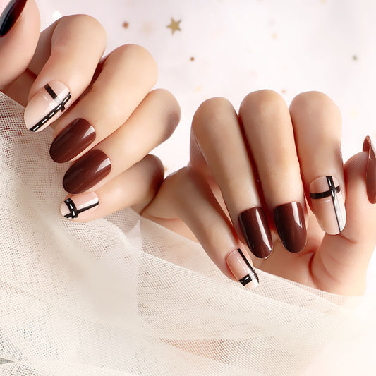 Elegant Aura Long Oval Press-On Nail Set in Rich Brown and Soft Beige with Chic Graphic Accents