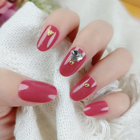Glamorous Evening Elegance Long Oval Glossy Burgundy Press On Nail Set with Gold Accents and Decorative Gems