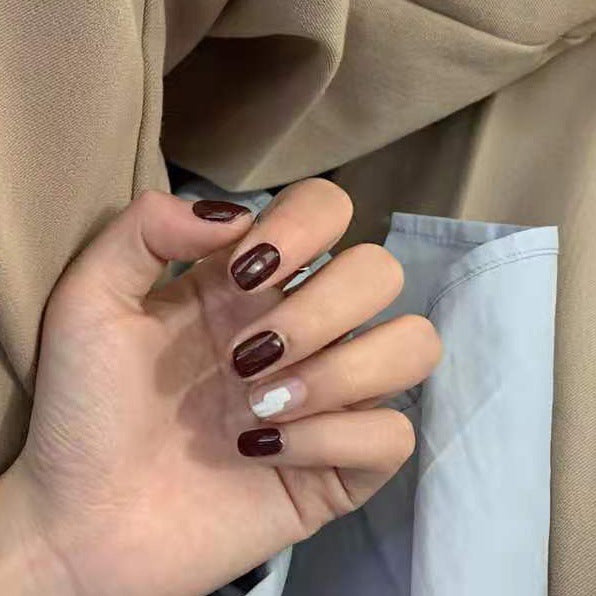 Autumn Elegance Medium Square Burgundy and White Accent Press On Nail Set