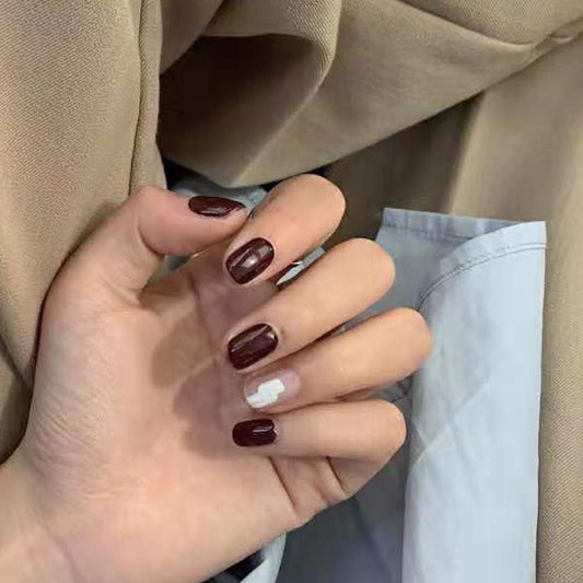 Autumn Elegance Medium Square Burgundy and White Accent Press On Nail Set